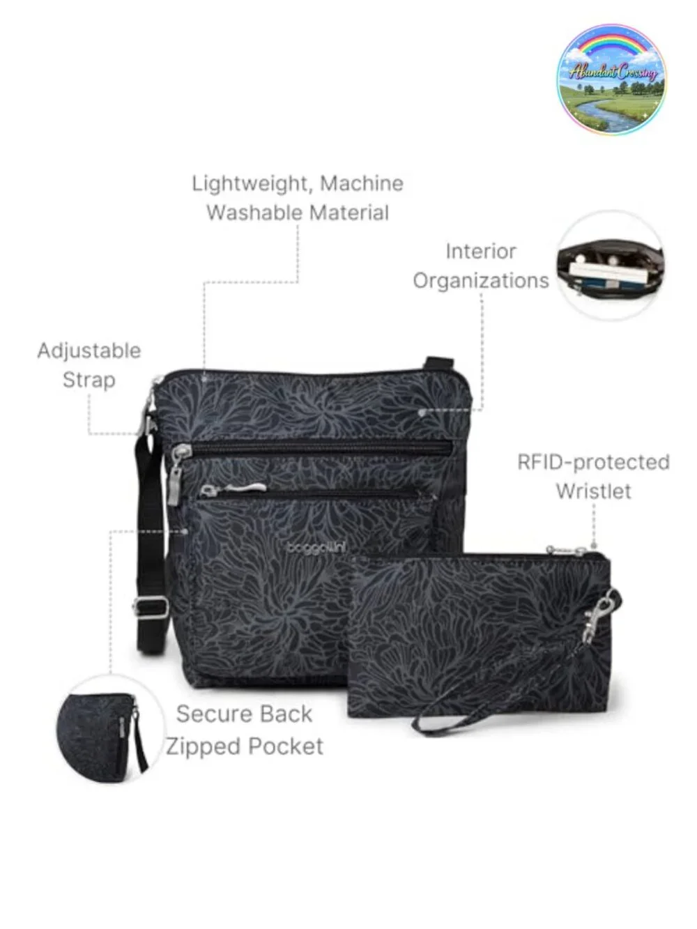 Small Lightweight Nylon Crossbody Bag with RFID Protection and Adjustable Strap